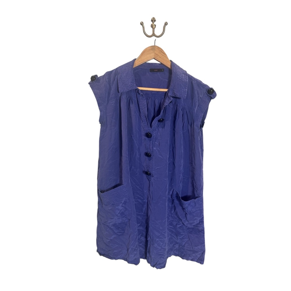LUX Women's Purple 100% Silk Button‎ Front Tunic Pockets Size S Lagenlook